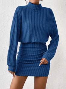 SHEIN Frenchy Vestido De Punto Acanalado De Manga Larga Con Hombros Caídos Y Cuello Alto Para Mujer - Azul - Ver 5