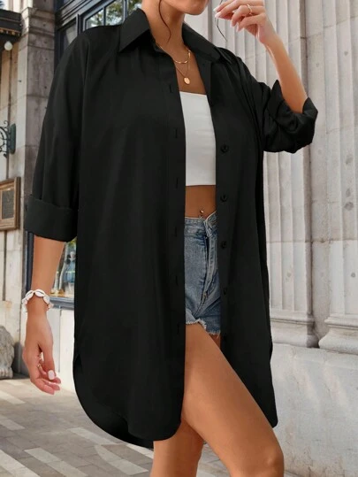Women's Solid Color High-Low Hem Shirt Casual Black Spring