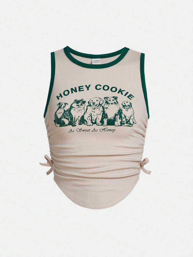 Teen Girl's Letter & Dog Printed Color Block Drawstring Pleated Casual Tank Top