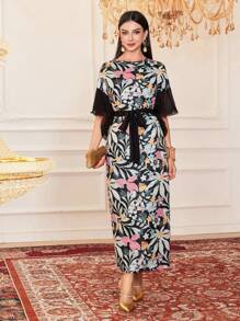 Modelyn Đầm dạ hội dài tay cánh dơi in họa tiết cây và hoa cho nữ - Nhiều màu - Xem 4