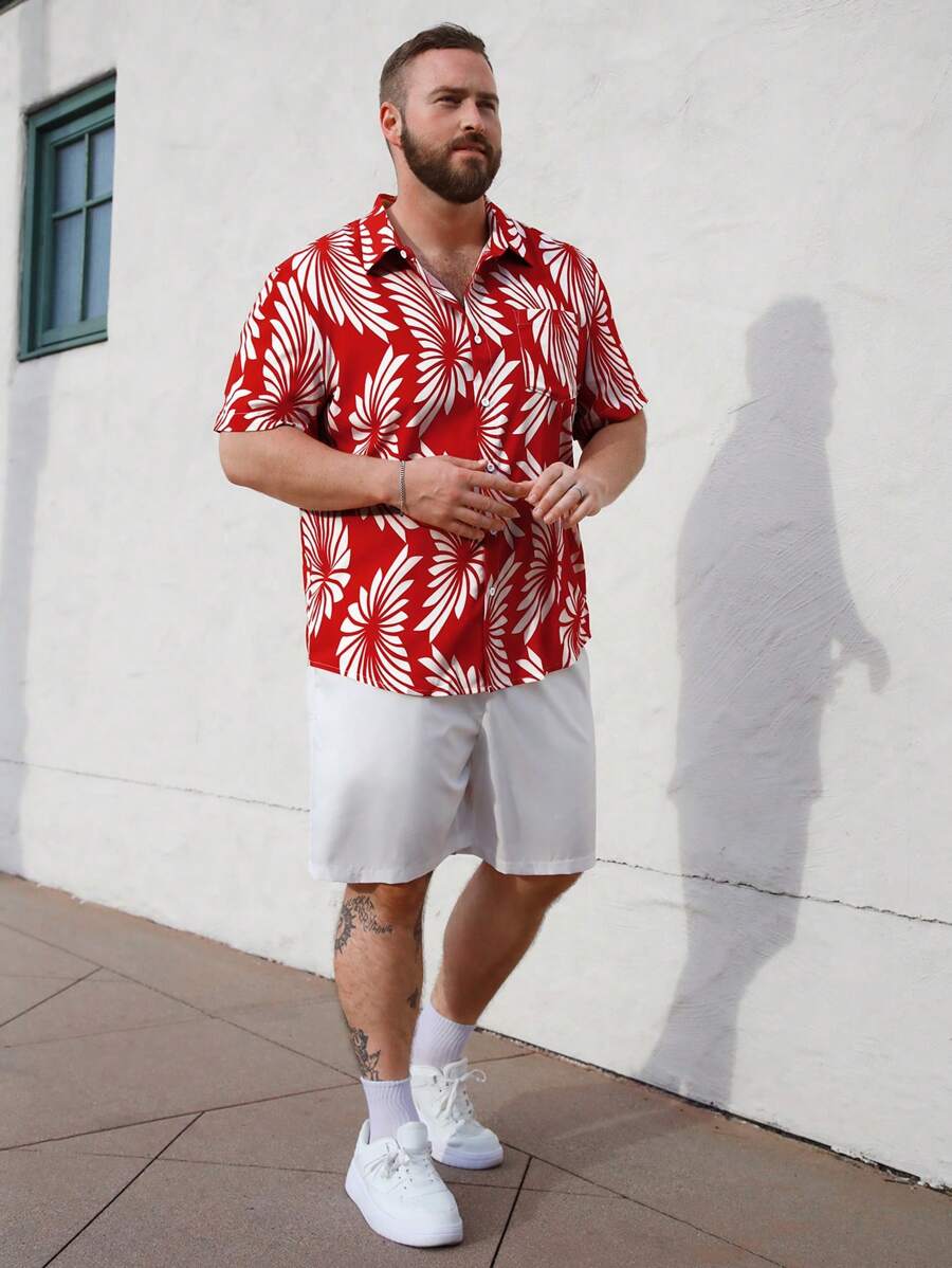 Genlund Men's Plus Size Plant Printed Short Sleeve Shirt And Shorts Set - Multicolor - View 1