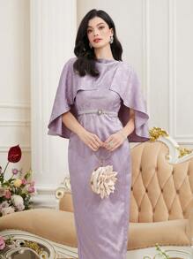 Modelyn Váy dạ hội dài bằng vải jacquard màu trơn cho nữ - Màu tím hoa cà - Xem 6