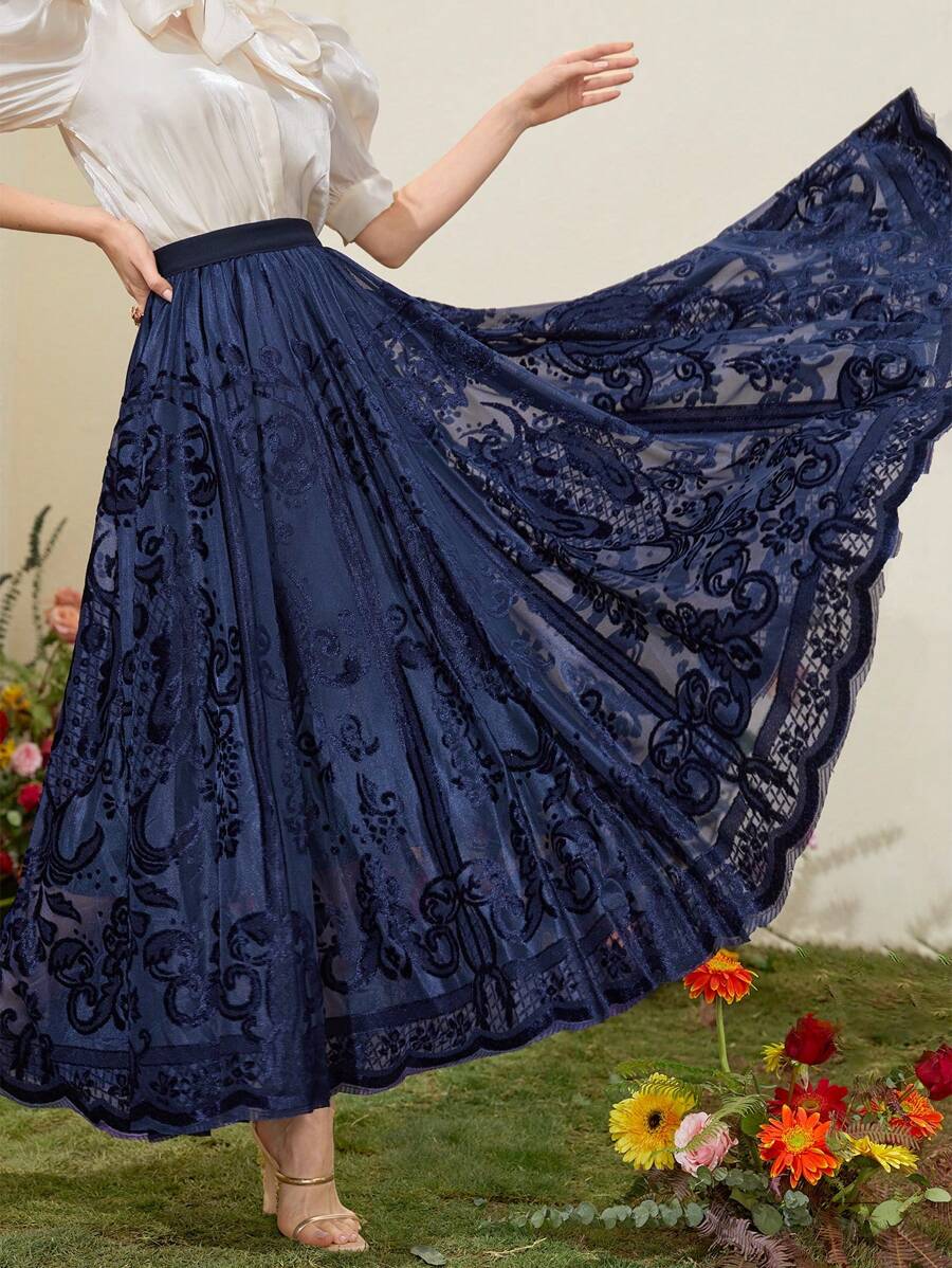 Modelyn 女式提花百褶长裙 - 藏蓝色 - 查看 1