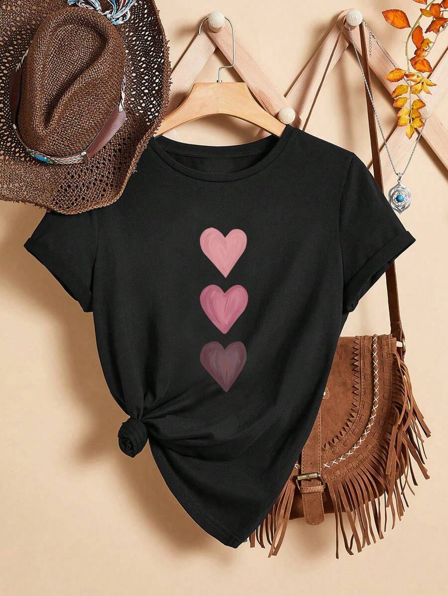 SHEIN Leap Crew Cô gái Tween Giải trí Hình trái tim Ngắn tay Áo thun , Thích hợp Cho mùa hè - màu đen - Xem 1