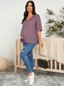 SHEIN Camiseta Suelta Casual Con Manga Murciélago Y Cuello En V Para Maternidad