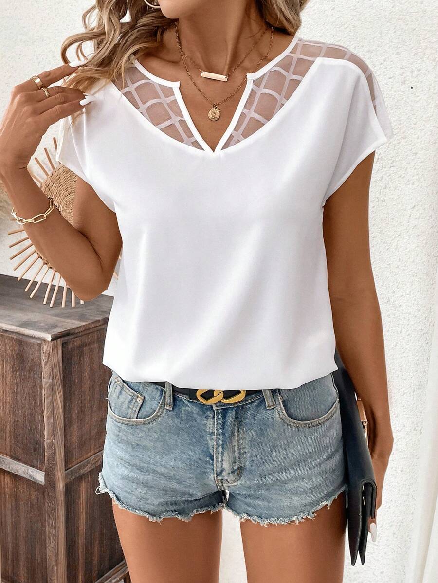 SHEIN Clasi 女士透明网眼撞色蝙蝠袖短袖衬衫 - 白色 - 查看 1