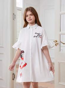 SHEIN 少女時裝鬆身白色假日裙,帶女孩印花的編織衫領 - 白色 - 查看 3