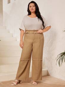 Mulvari Plus Size Solid Color Frayed Wide Leg Pants - Khaki - View 2