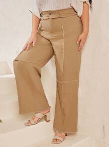 Mulvari Plus Size Solid Color Frayed Wide Leg Pants - Khaki - View 1