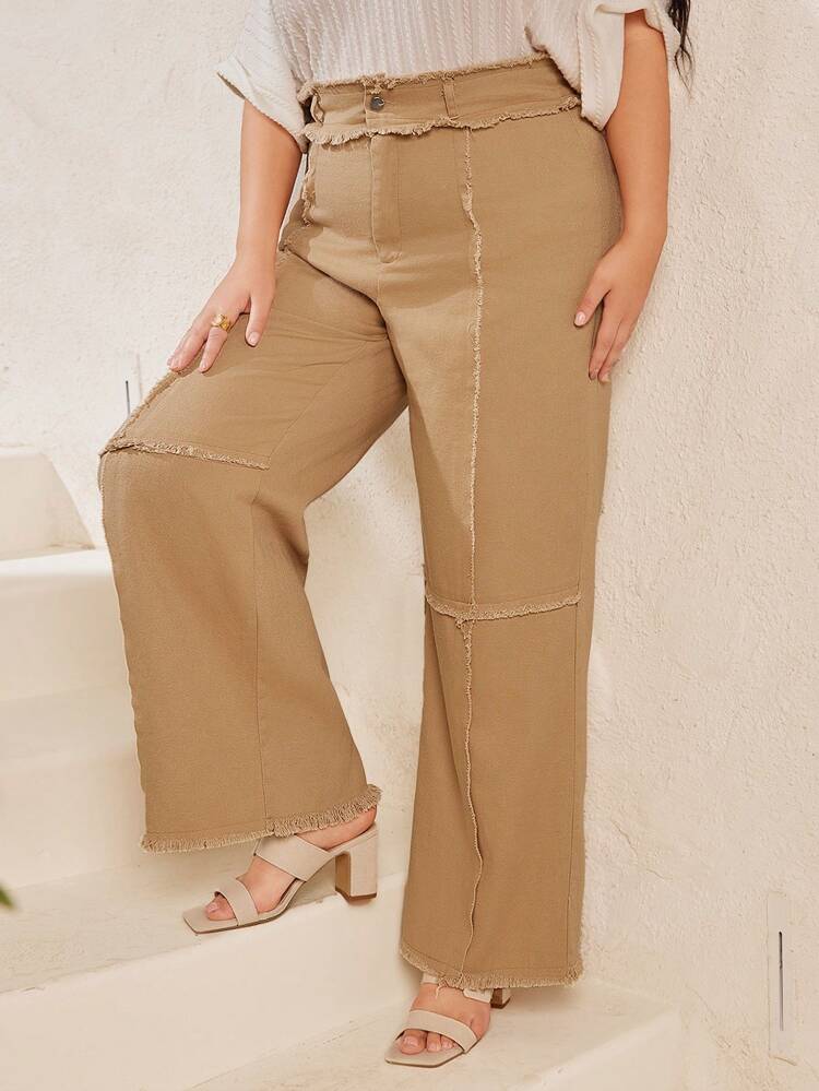 Plus Size Solid Color Frayed Wide Leg Pants