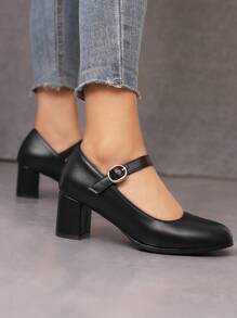 Black Elegant Mary Janes Pu High Heels Shoes For Women, Spring And Autumn New Arrival, Great For Work And Daily Wear - Black - View 2