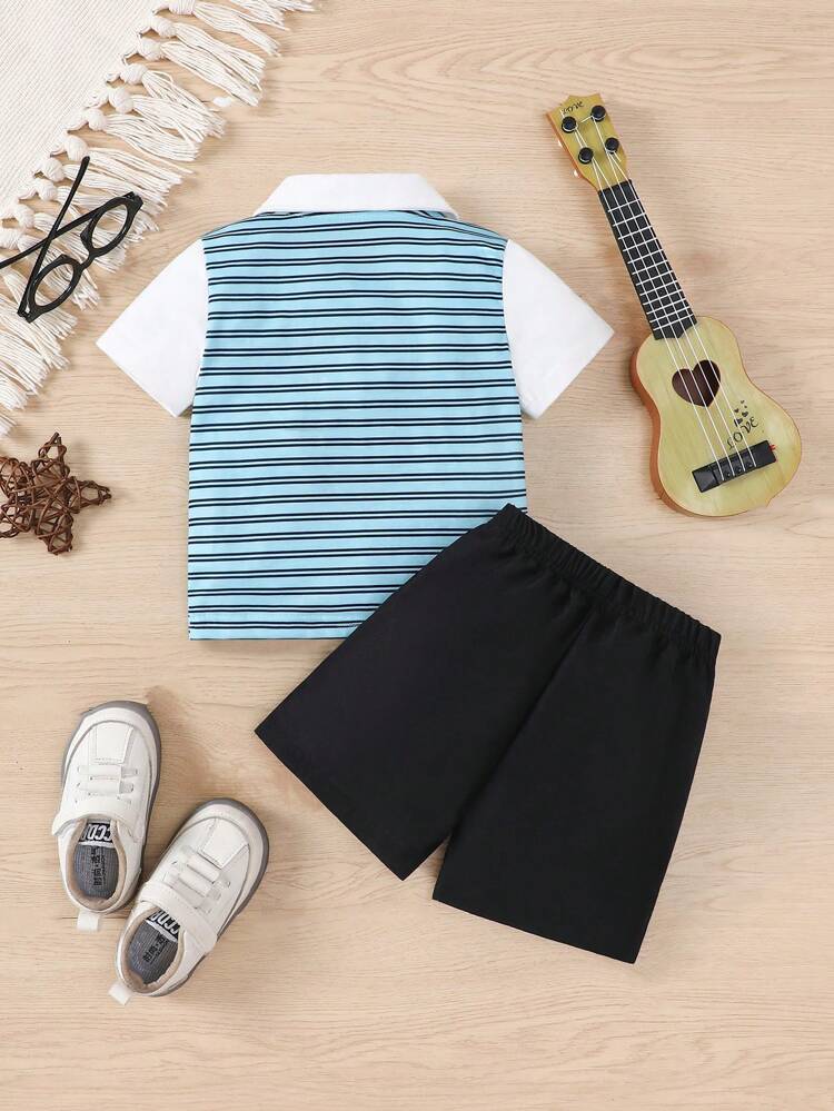 Baby Boy's College Style Striped Patchwork Turn-Down Collar Short Sleeve Top And Shorts Set For Summer