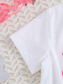 SHEIN Bộ áo thun tay ngắn in chữ và chân váy lưới hai mảnh cho bé gái - Nhiều màu - Xem 3