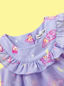 Gudetama X SHEIN Baby Girl Cartoon Print Ruffle Trim Dress - Purple - View 5