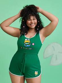 HELLO KITTY AND FRIENDS | SHEIN Plus Cartoon & Letter Print Contrast Binding Knot Waist Sleepwear Romper - Green - View 6