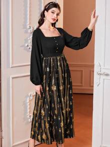 Modelyn Women'S Square Neck Button Decorated Lantern Sleeve Dress - Black - View 3