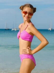 Teen Girl Striped Bikini Set Summer Beach - Pink - View 7