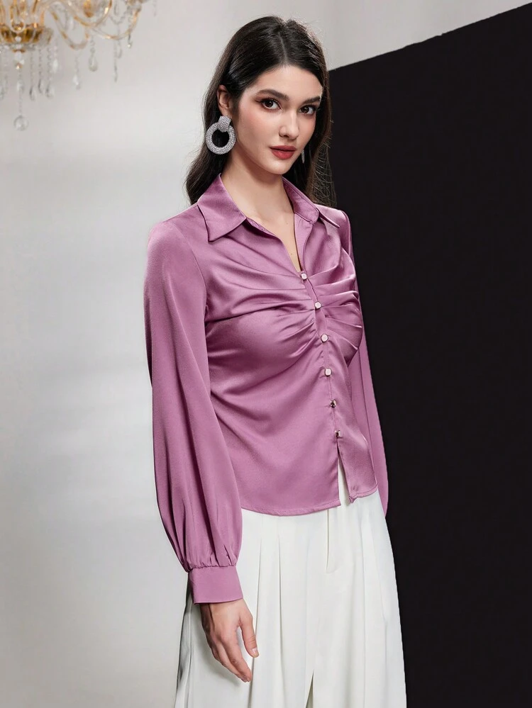 Solid Color Button Detail Pleated Shirt