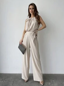 Firerie Solid Color Round Neck Pleated Top And Wide Leg Pants - White - View 4