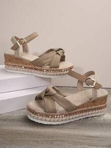 Của phụ nữ Nêm Gót chân Xu hướng: Cắt giảm Dép xăng đan Với Bện Jute Dây đeo - Màu be - Xem 3