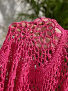 Slaydiva 夏季假期休閒款圓領流蘇邊鉤織玫瑰紅色女式迷你裙毛衣裙 - 玫紅色 - 查看 7