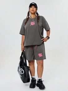 Coolane Áo thun thường ngày cổ tròn tay ngắn in chữ cỡ lớn - Xám - Xem 3