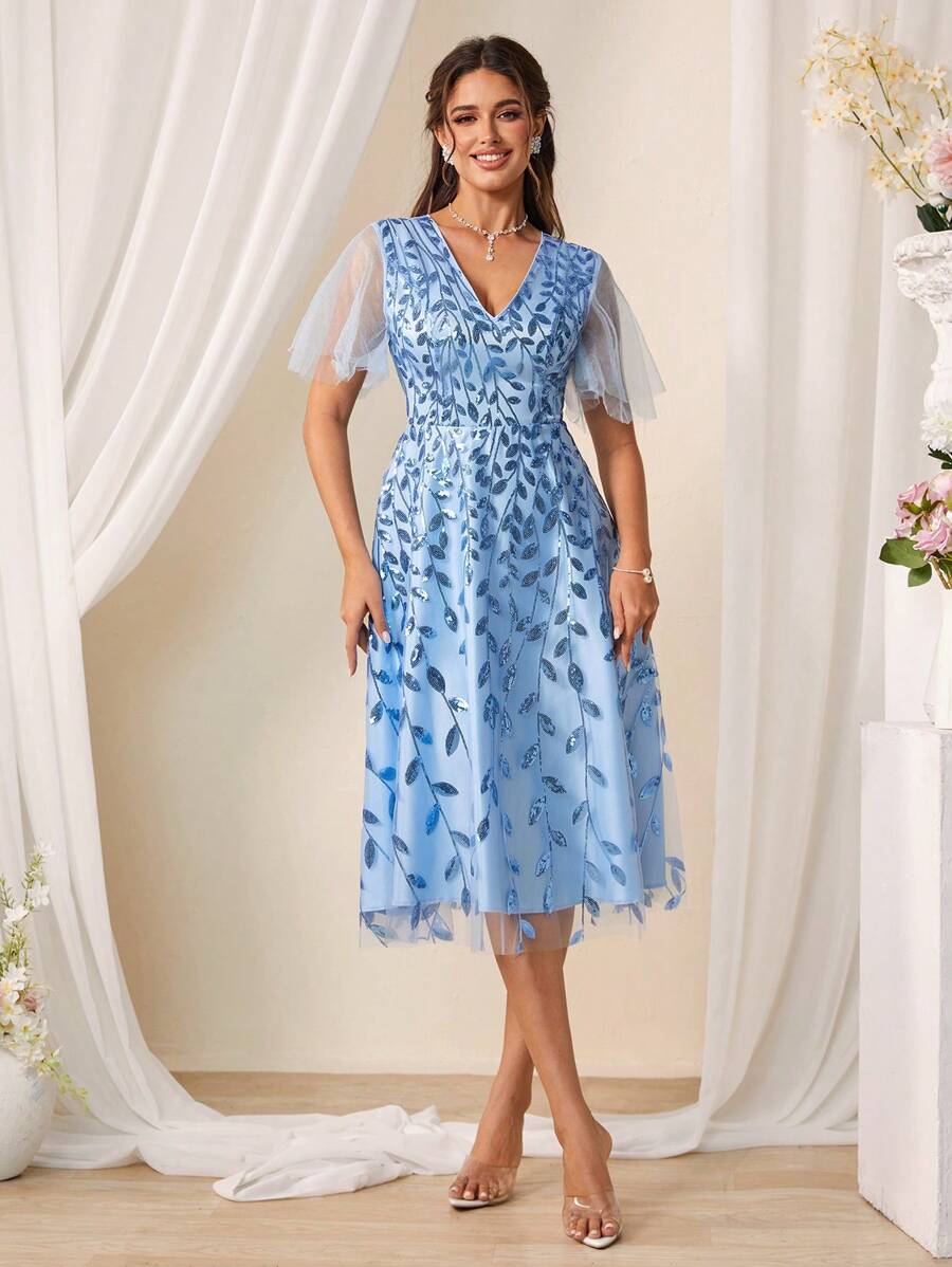 SHEIN Belle Sequined Mesh Bridesmaid Dress - Blue - View 1