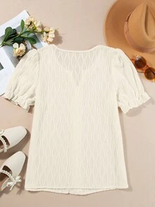 Women's Summer Solid Round Neck Puff Sleeve Casual Blouse - White - View 11