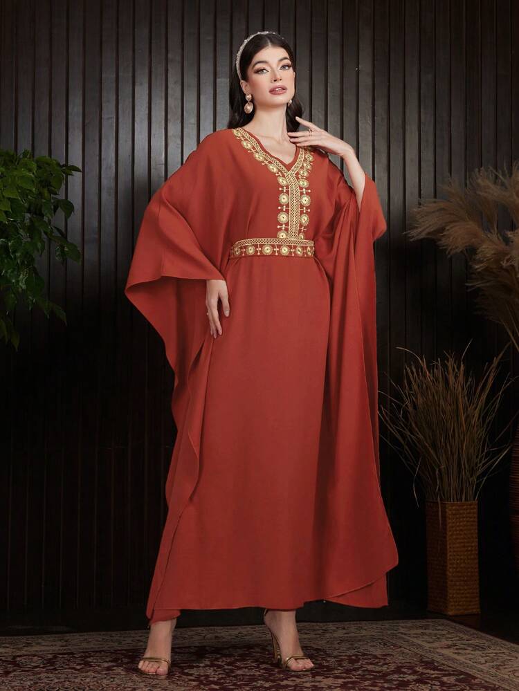 Women's Batwing Sleeve Dress With Embroidered Design Kaftan Jalabiya Dress