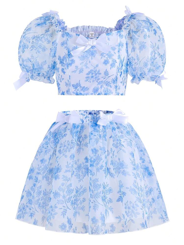 Teenage Girl's Elegant & Cute Bow & Flower Pattern Printed Puff Sleeve Crop Top And Skirt Set
