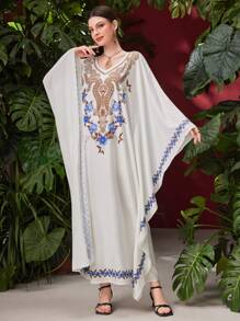 Al Najma Caftán Con Manga De Murciélago Y Cuello En V Con Estampado De Flores - Multicolor - Ver 7