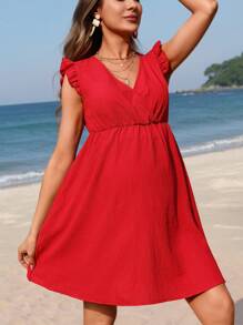 SHEIN 孕婦純色帽短袖連身裙 - 紅色 - 查看 4