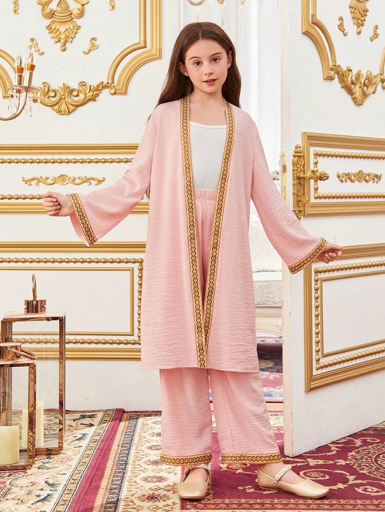 Tween Girl 2pcs/Set Loose Fit Leisure Jacket And Wide Leg Pants With Woven Band Detail