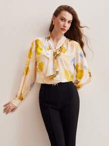 MOTF PREMIUM Silke Blommigt Mönster Binda Hals Blusar - Multifärgad - Visa 4