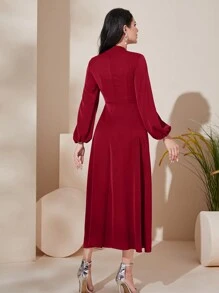 Modelyn 勃艮第红女士 V 领灯笼袖褶皱阿拉伯连衣裙 - 酒紅色 - 查看 2