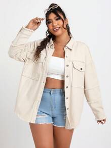 SHEIN EZwear 加大號下垂肩褶邊牛仔外套 - 卡其色 - 查看 3