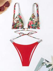 SHEIN Swim Summer Women'S Tropical Print Bikini Set With Solid Color Bottoms