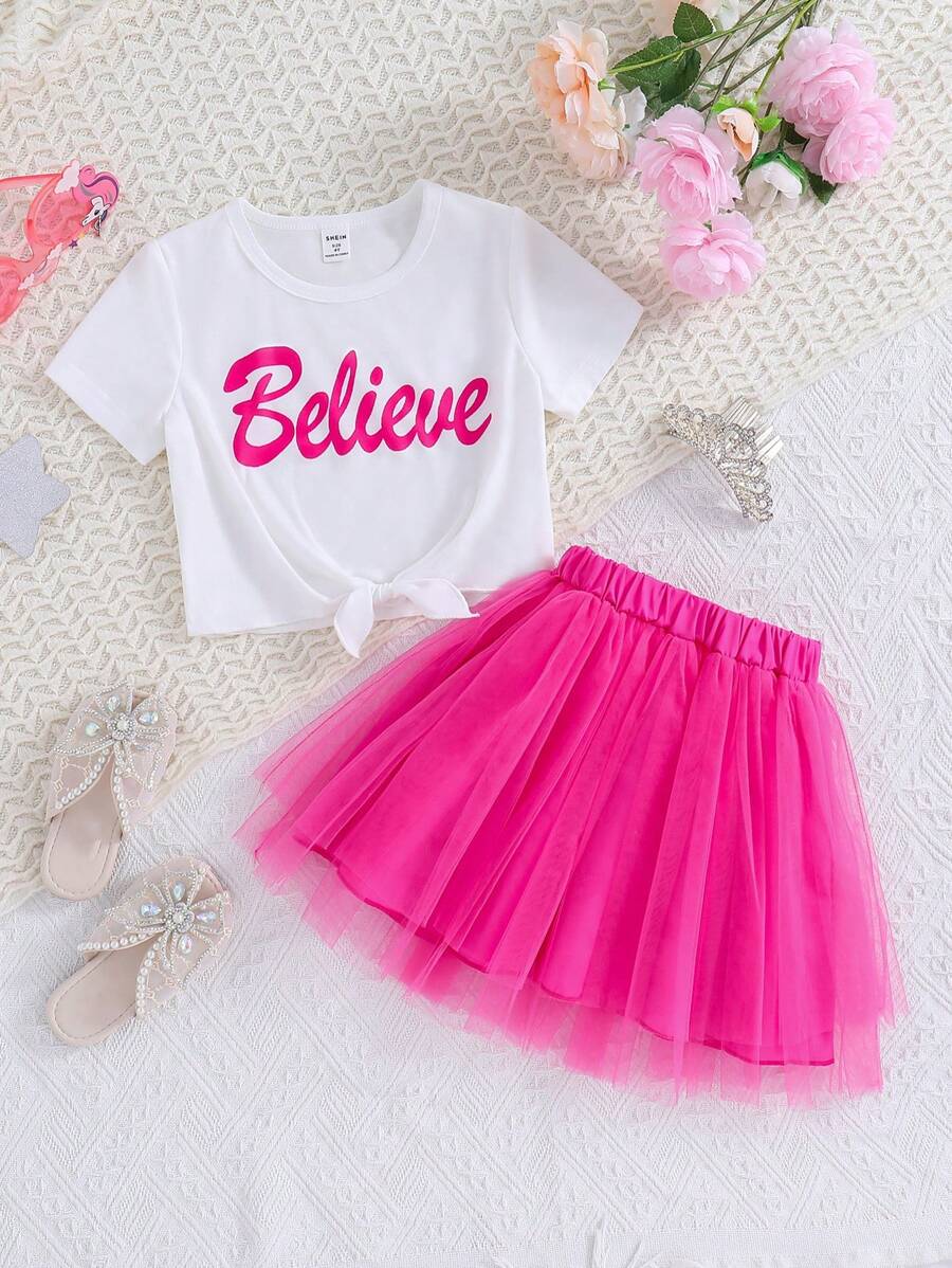 SHEIN Bộ áo thun tay ngắn in chữ và chân váy lưới hai mảnh cho bé gái - Nhiều màu - Xem 1