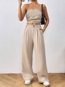Chiquease Women's Plain Strapless Top And Pocketed Pants Set