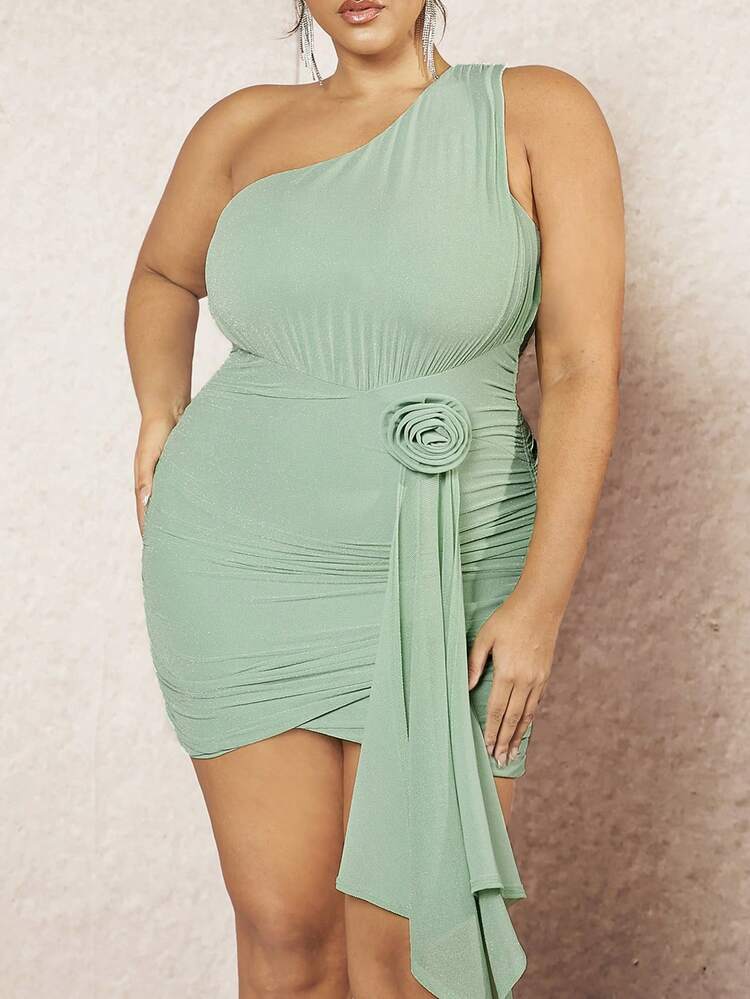 Plus Size Women's One Shoulder Ruffle Asymmetric Hem 3d Floral Belted Dress