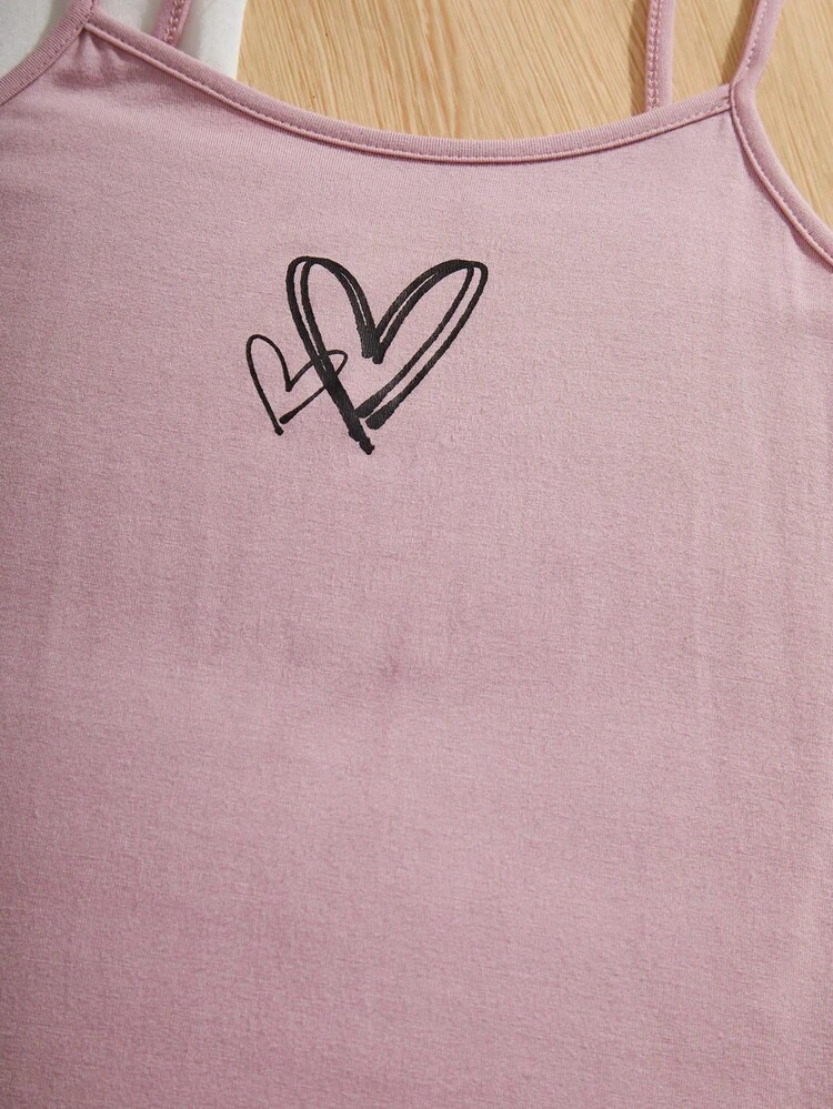 3pcs/Set Tween Girl Heart Pattern Printed Casual Cami Dress Outfit