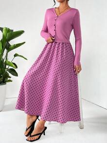 SHEIN Essnce Spring Knitted Cardigan & Polka Dot Printed Cami Dress Two Pieces Set - Pink - View 6
