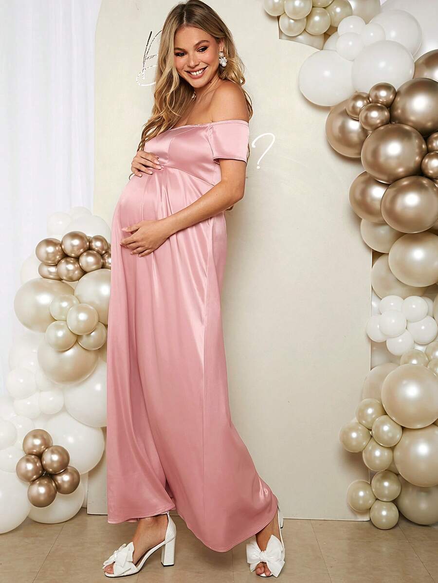 SHEIN Loomaby Váy dự tiệc mừng sinh con cho bà bầuVáy dài hở vai thanh lịch có đường viền eo ôm sát, phù hợp cho tiệc tiết lộ giới tính - Hồng - Xem 1