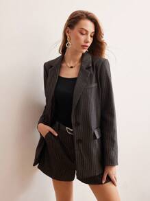 MOTF PREMIUM Blazer De Solapa De Cuello Con Estampado De Rayas - Gris - Ver 2