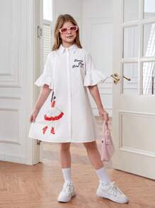 SHEIN 少女時裝鬆身白色假日裙,帶女孩印花的編織衫領 - 白色 - 查看 6