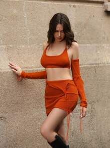 Zolique Gợi cảm Mở Lưng Halter Neck Áo len Với Arm Che phủ - trái cam - Xem 6