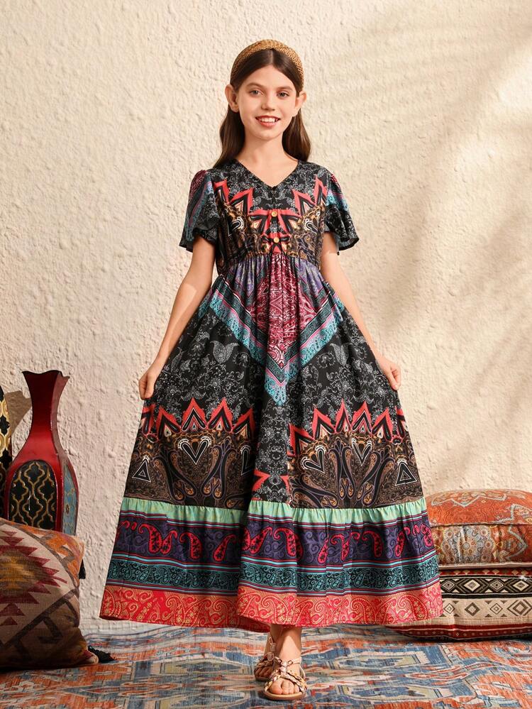 Tween Girls' Printed Loose Casual Woven Peplum Dress For Spring And Summer