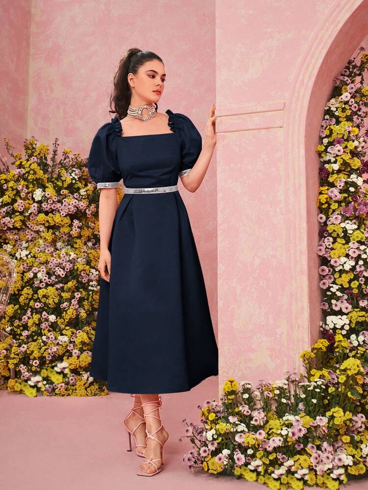 Patchwork Sequin Detail Square Neckline Cinched Waist Puff Sleeve Dress Long Evening Dresses