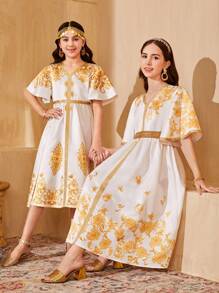 SHEIN Teen Girl's V-Neck Golden Flower Print Dress With Woven Tape Decoration