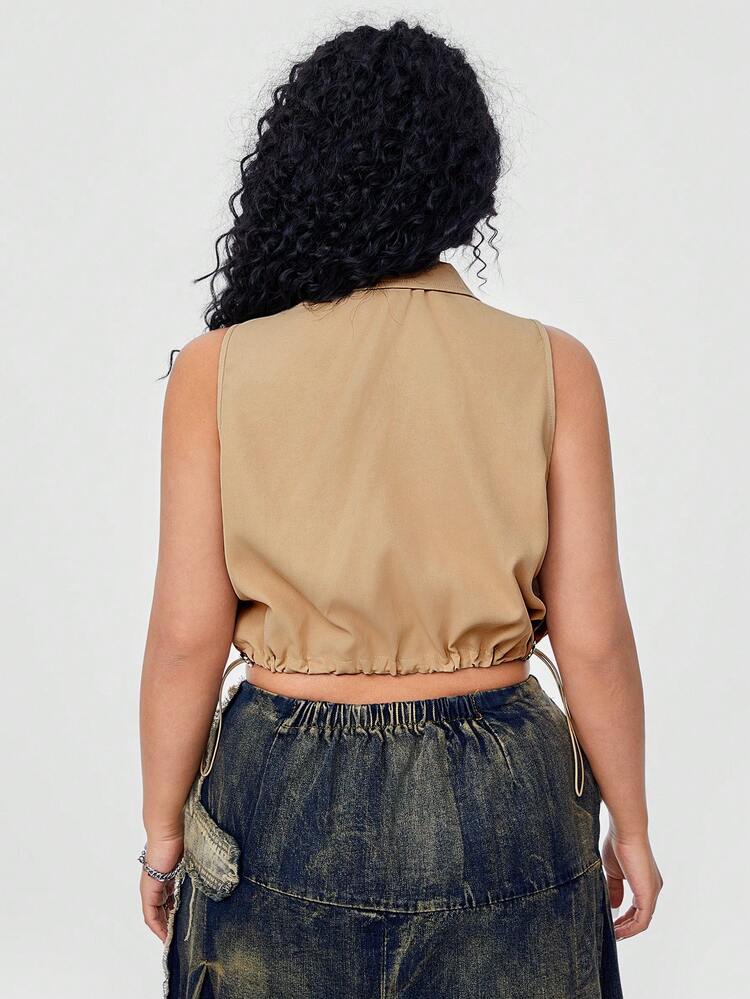Plus Size Street Style Music Festival Shortened Loose Workwear Tank Top For Summer With Drawstring Hem